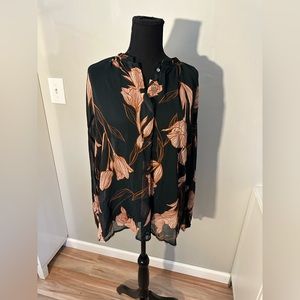 A NEW DAY. Sheer green and pink floral top. Long sleeves